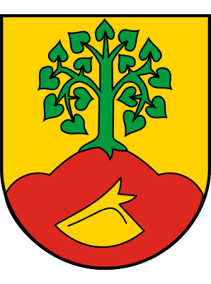 Wappen von Altenberge. roter Dreiberg mit goldener Pflugschar und grünem Lindenbaum. Der Produktionsstandort von Otto Keller Daunenwäsche 